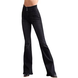 Free People Jayde Flare Jeans 24 Onyx Black High Rise Stretch Boho Chic Hippie